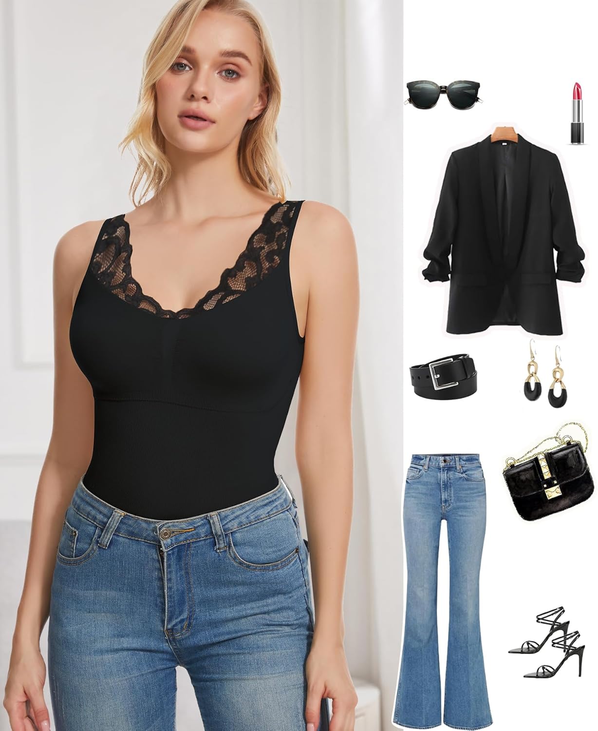 Shapewear Camisoles With Built in Bra Tummy Compression V Neck Tanks Top for Women Slimming Lace Cami Body Shaper - Image 7