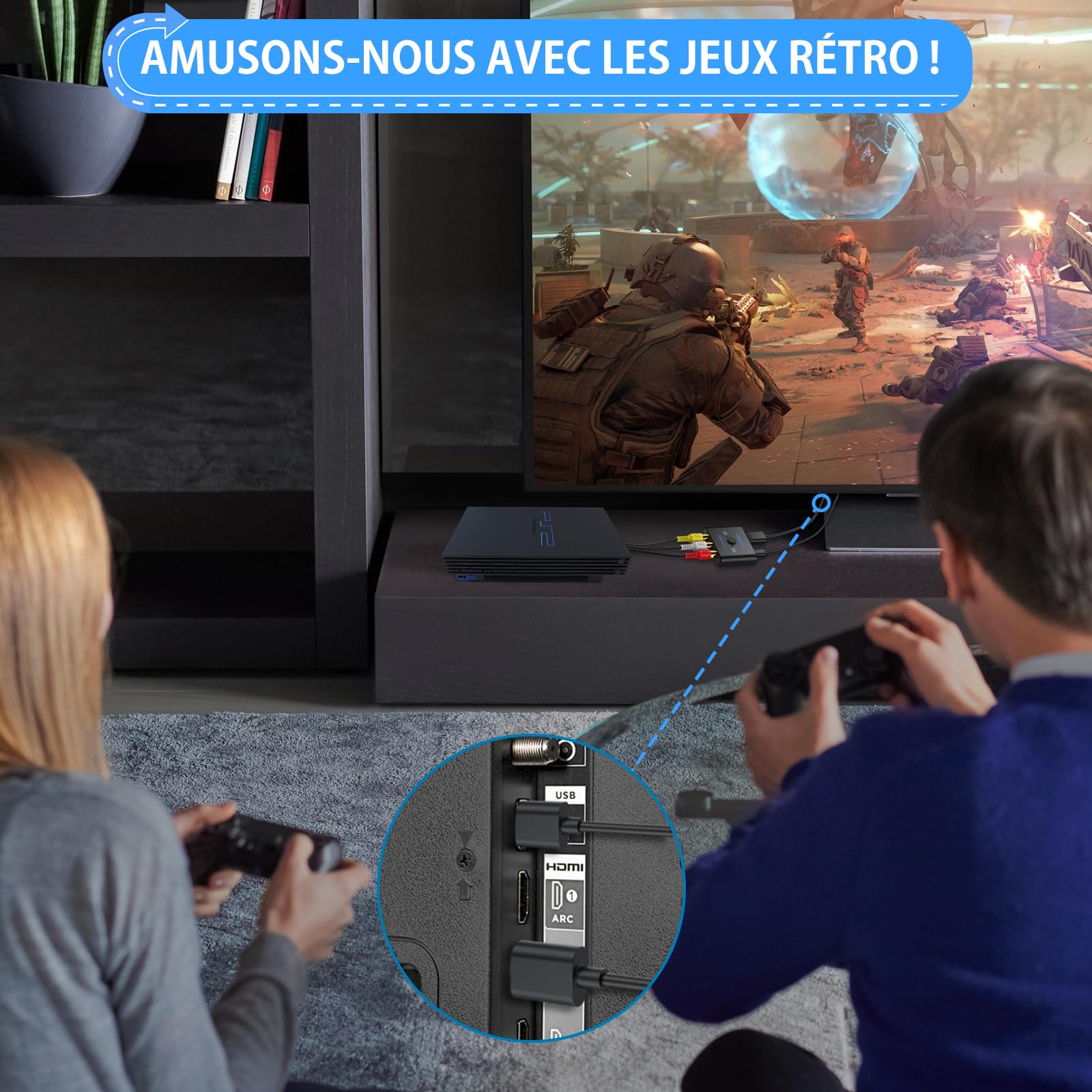 CAMWAY Convertisseur AV vers HDMI avec Câble 50cm Adaptateur RCA vers HDMI 1080P/720P (60Hz) pour PS1/PS2/Wii/N64 Commutateur 4:3/16:9 Exclusif Plug & Play Compatible Téléviseurs/Moniteurs