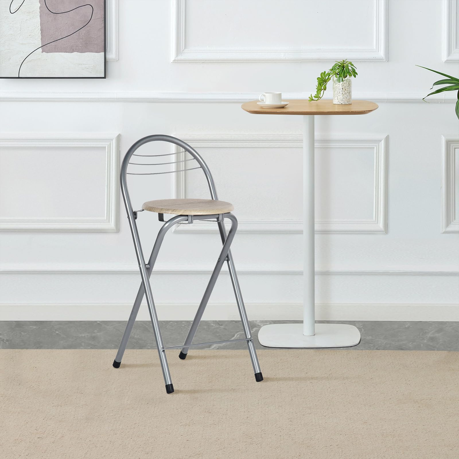 Tabouret de Bar Pliant, Tabouret Pliant Portable Chaise de Bar Pliante avec Dossier Tabouret Pliable pour Bistro Cuisine Terrasse Extérieure, Hauteur d'assise 61 cm, Chêne et Argent