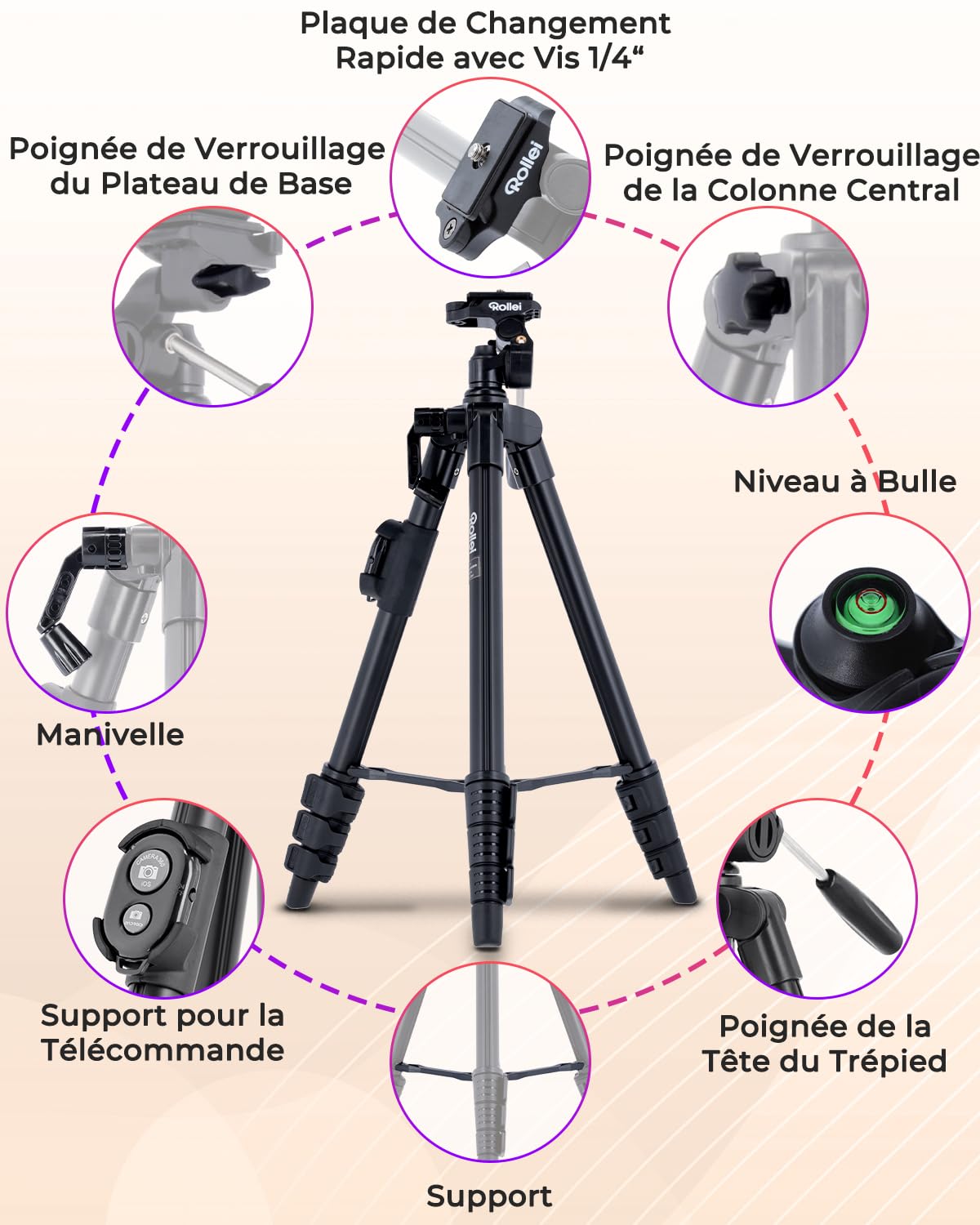 Rollei Trepied Smartphone Traveler, Trépied Telephone Portable avec Telecommande Bluetooth Android & iOS 120cm Tripod pour Téléphone Léger Noir avec Support Smartphone pour iPhone Huawei Samsung