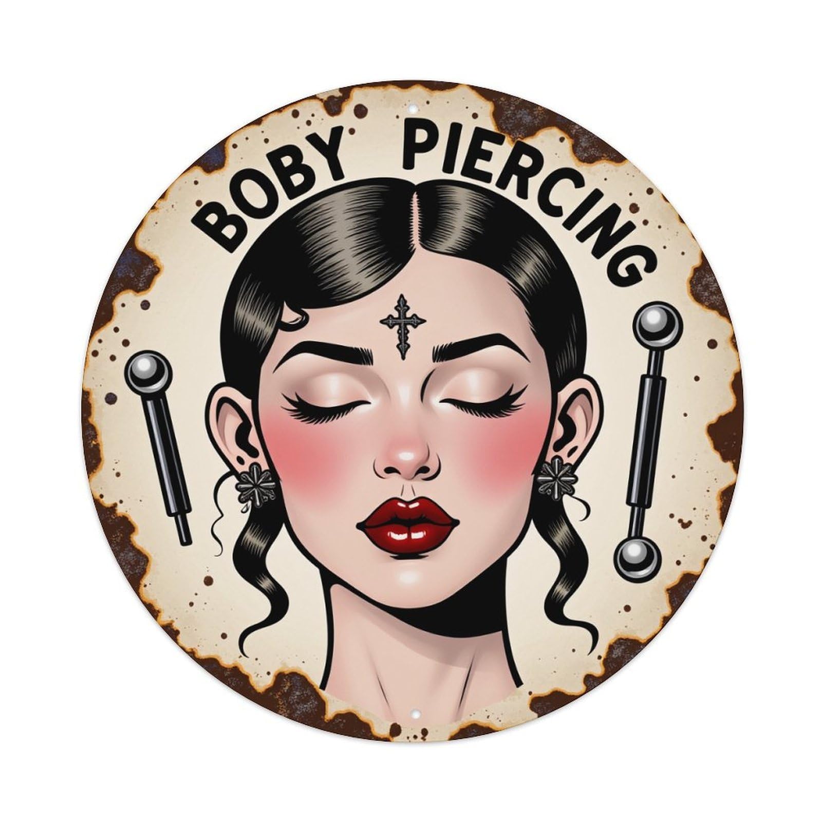 Artistic Woman With Piercings And Jewelry Round Tin Sign Vintage Metal Poster, Home Bar Garage Man Cave Cafe Indoor & Outdoor Wall Decoration 8x8Inches