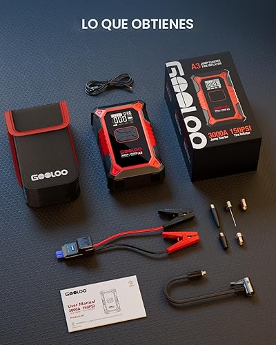 Miniatura 8 de GOOLOO Arrancador de salto A3 con compresor de aire, 3000 A portátil de batería de coche (9.0 Gas6.5L Diesel) con inflador de neumáticos de apagado