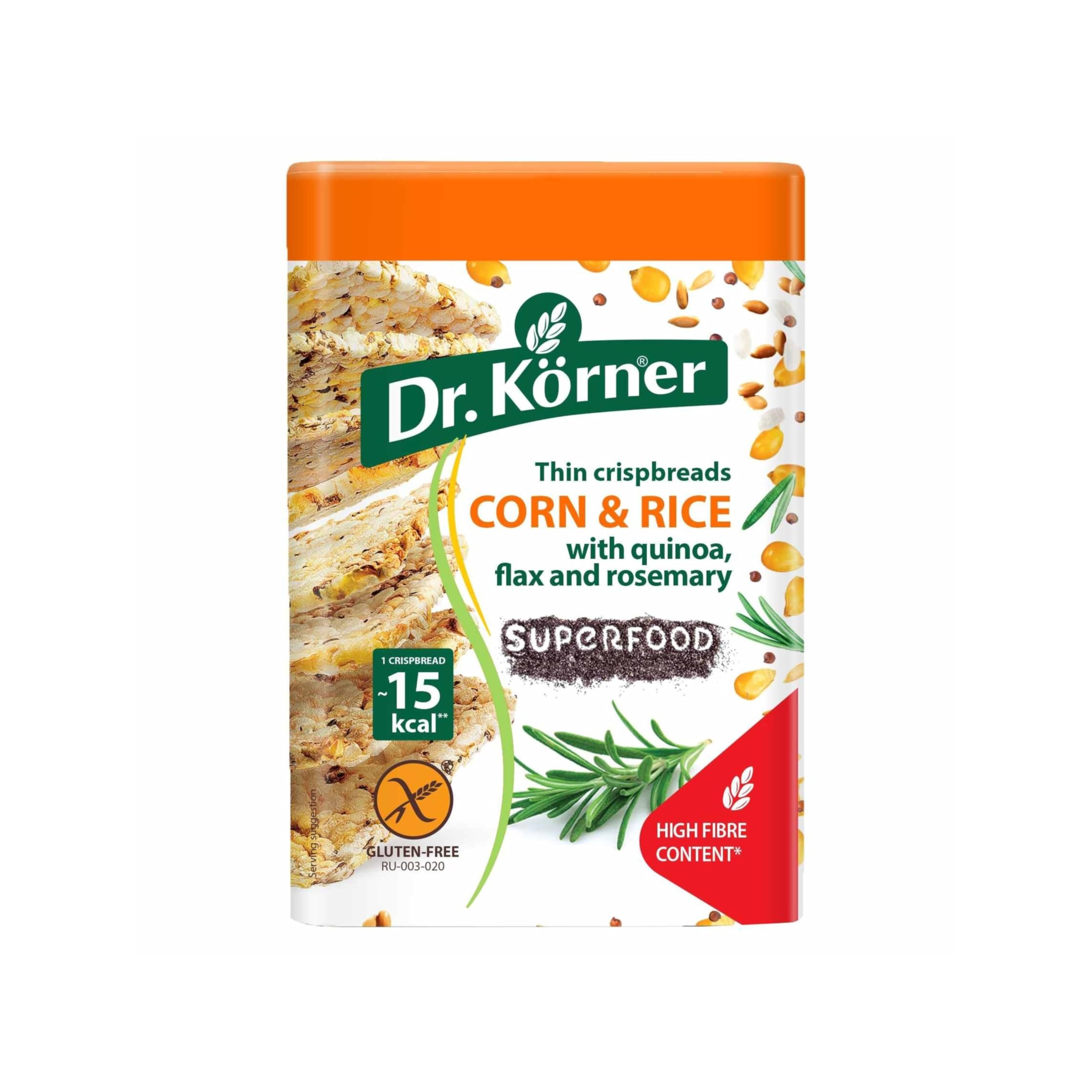 Dr. Korner Corn and Rice Thin Crispbreads with Quinoa Flax and Rosemary Superfood, 100g