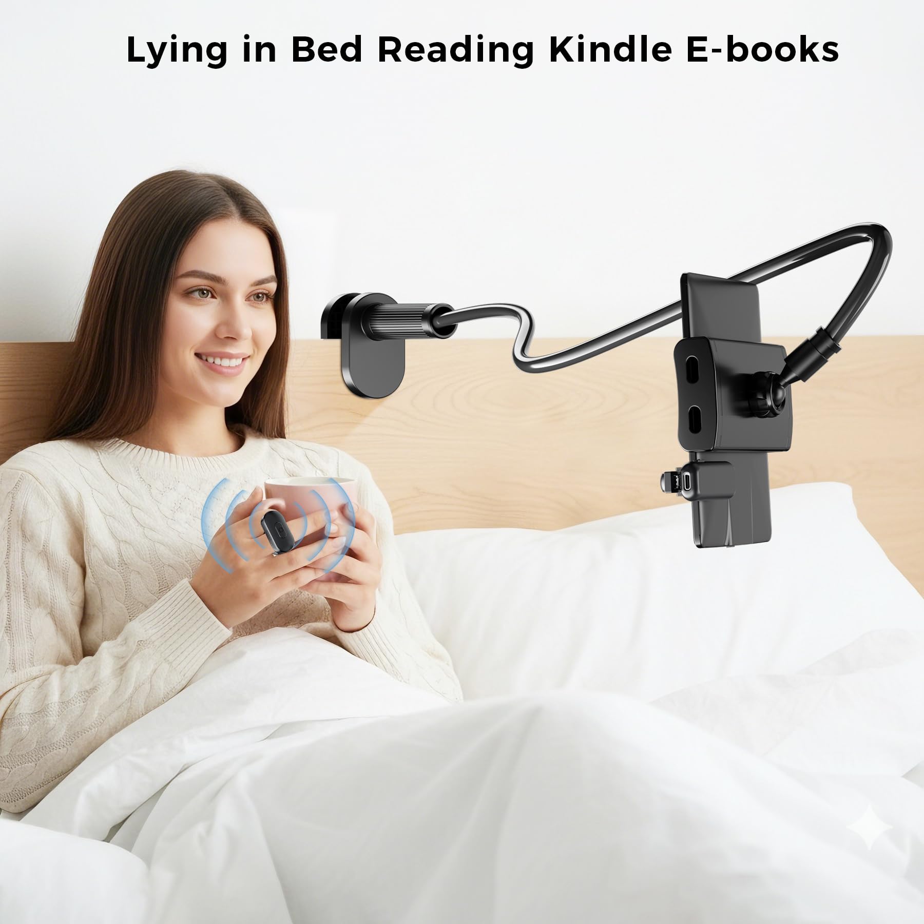 Locthal Supporto per Kindle con anello per girare pagine, supporto per tablet per leggere a letto con telecomando clicker scorrevole, supporto per eReader compatibile con Fire iPad iPhone