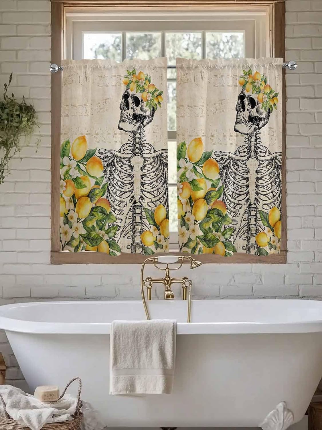 Kitchen Curtain 45 Inch Length, Vintage Skull Summer Lemon Watercolor Small Short Cafe Tiers Curtains Drape, 2 Panel Window Treatment Rod Pocket Drapery Panels Curtains 84x45
