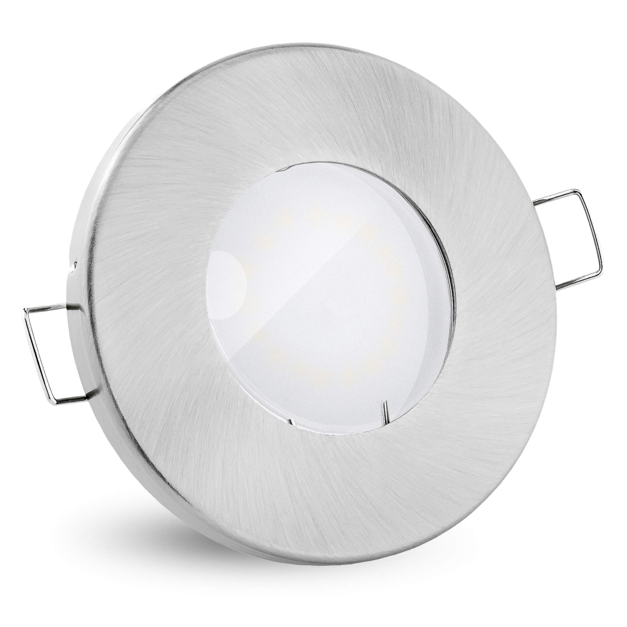 linovum 10 Stück fourSTEP Einbauleuchte LED Bad flach dimmen ohne Dimmer - LED GU10 5W warmweiß 230V - Spot IP65 gebürstet