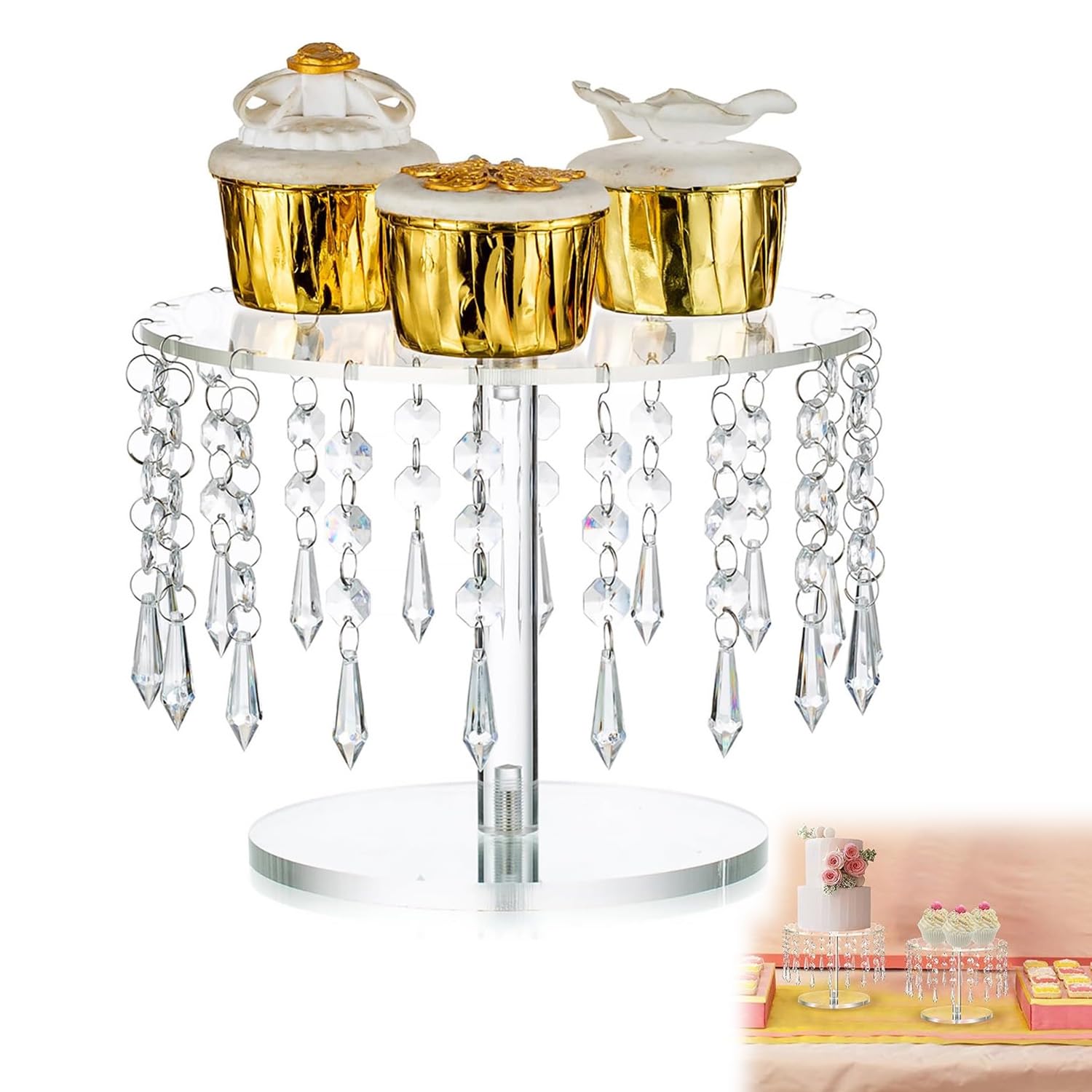 Cupcake Stand Acrylic Small, Clear Cake Stands for Afternoon Tea 21cm Diameter Dessert Display Tray with Crystal Chandelier for Wedding Birthday Party Baby Shower Graduation Decorations