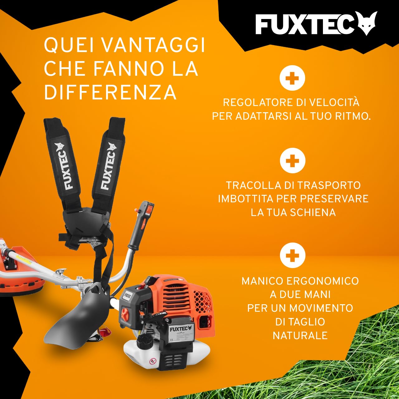 FUXTEC Decespugliatore a scoppio FX-MS162 - Motore 2 tempi 62cc - Testina a filo e lama in metallo - Impugnatura doppia ergonomica - Serbatoio 1L - Sistema antivibrazione - Tracolla inclusa