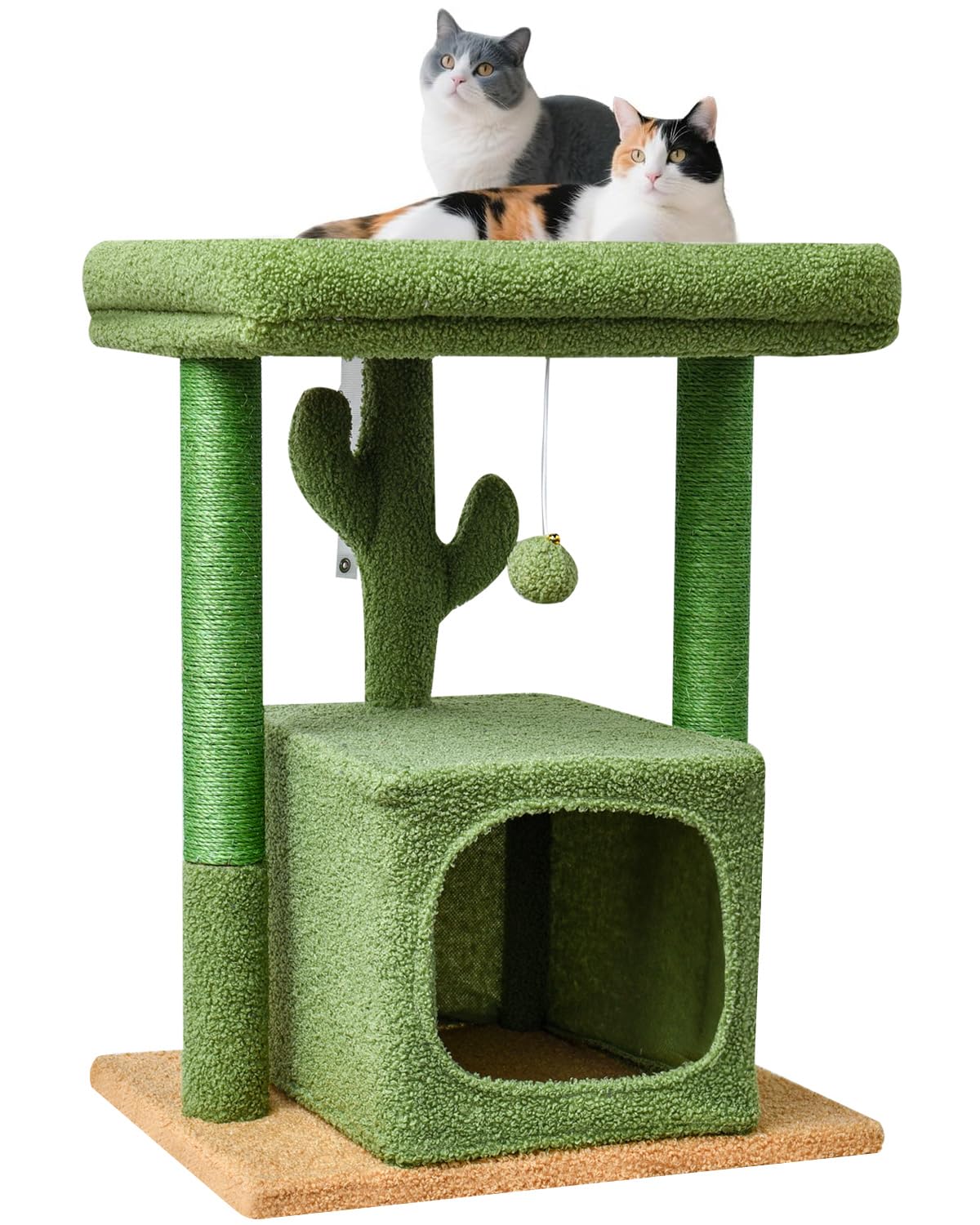 SYANDLVY 27" Cat Tree for Indoor Cats, Activity Tower with Scratching Posts, Modern Kitten Condo with Plush Perch & Hanging Ball for Play, Cactus-Shaped, Green