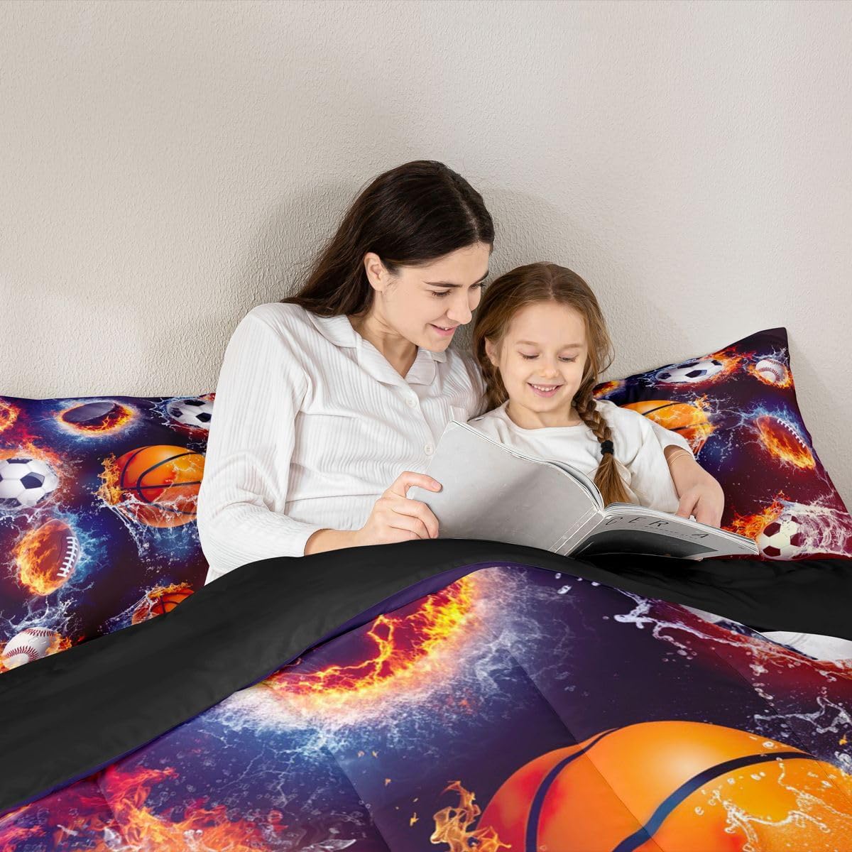 Feelyou Basketball Bedding Set Football Baseball Rugby Comforter Set for Kids Boys Girls Sports Comforter Various Ball White and Flame Decor Quilt Set with 1 Pillowcase 2Pcs Bedding Twin