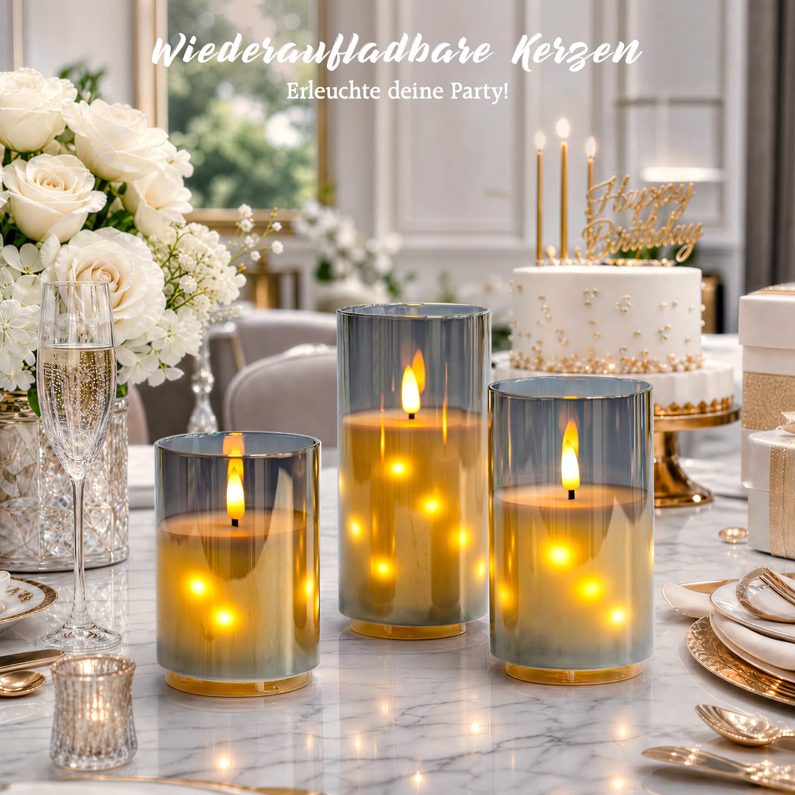 Velas recargables de cristal gris sin llama con mando a distancia y temporizador, velas LED de mecha 3D, luces de hadas incrustadas, cera real, paquete de 3 unidades para decoración del hogar