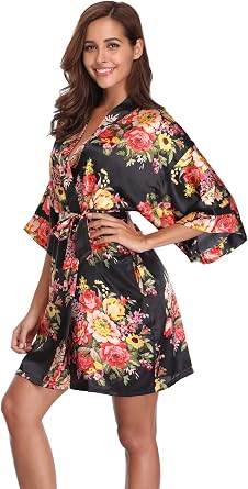 Womens Floral Satin Kimono Robes Short Bridesmaid Robes for Wedding Party