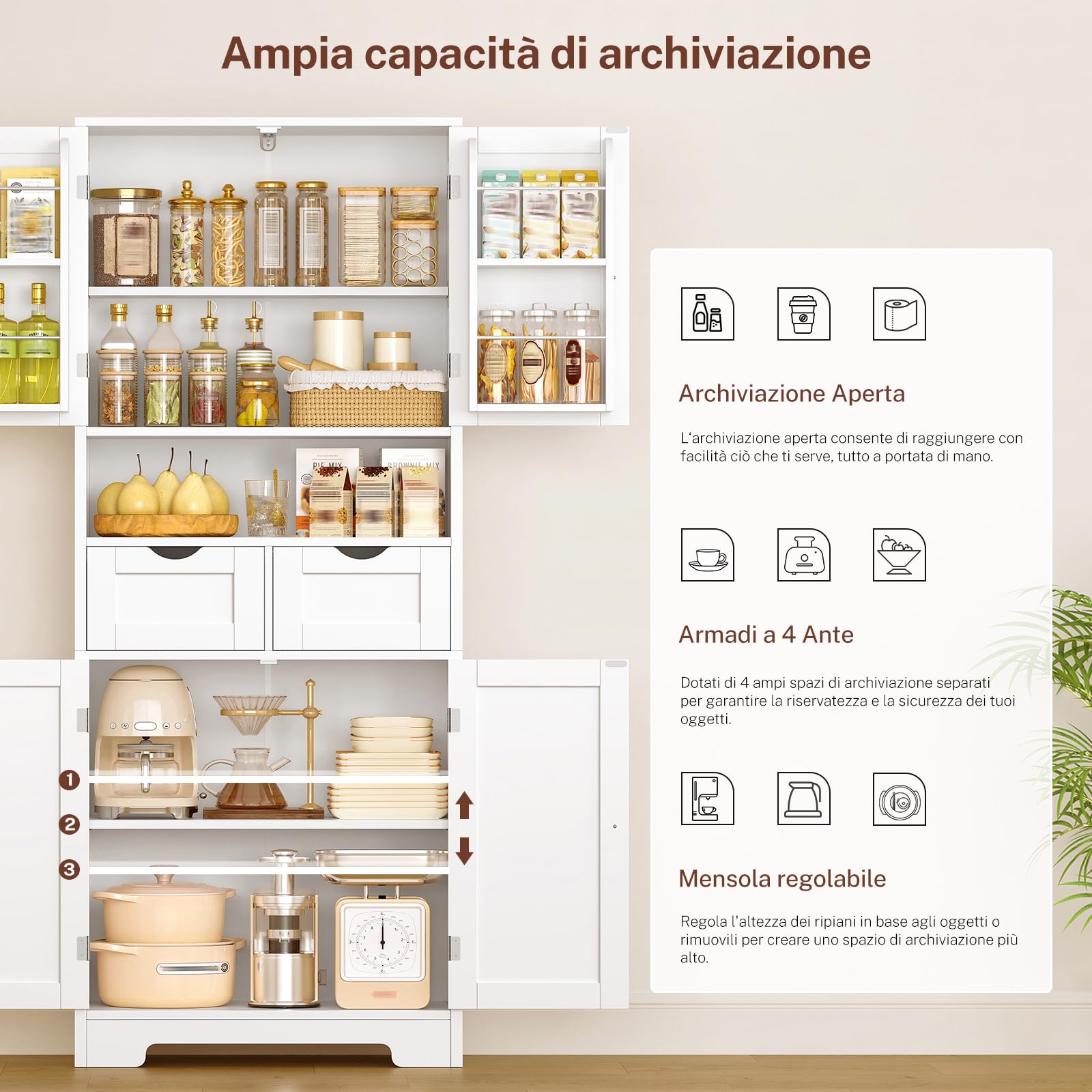 TEENFON Credenza Cucina Alta, Mobile Dispensa Alto 4 Ante e 2 Cassetti con Ripiani Regolabili e Portaspezie sulla Porta, Armadio Multiuso per Cucina, Soggiorno, Bagno, 60 x 30 x 161 cm, Bianco