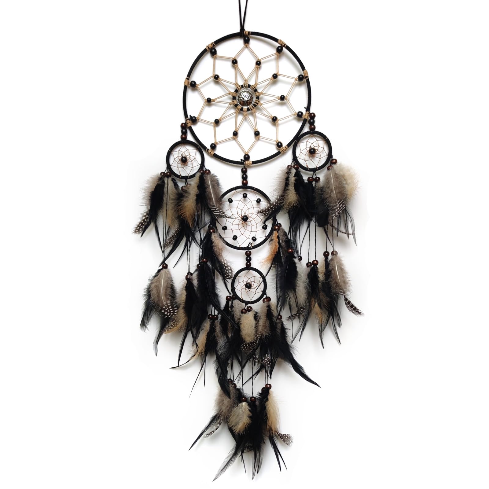 SOYUZU Large Dream Catcher Wall Decor Brown and Black Dream Catchers with Tree of Life Pendant Bead Handmade Feather Dreamcatcher Wall Hanging Ornament for Bedroom Living Room Home Decor
