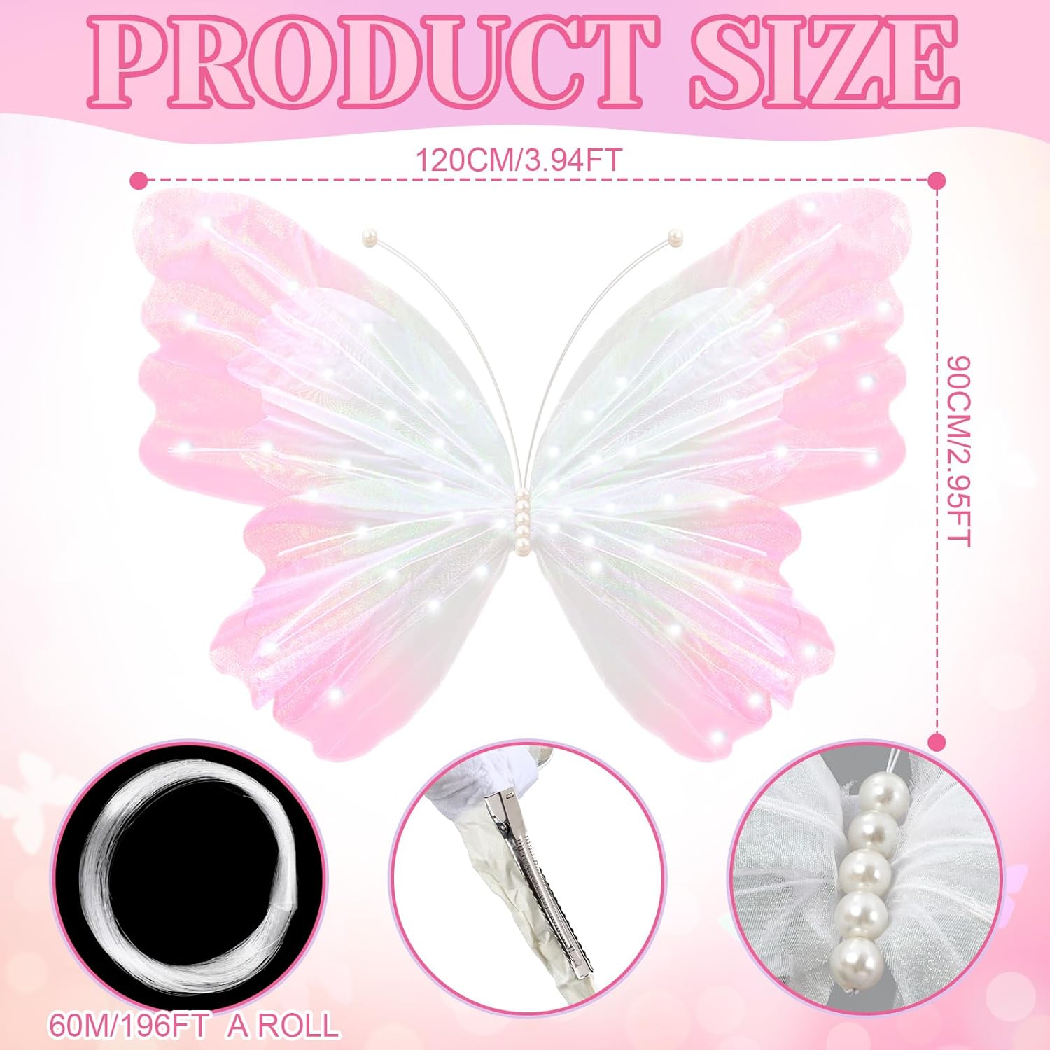 47 Inch Giant Butterfly Party Decoration Mariposas Grandes para Backdrop Decor Large 3D Silk Light up LED Butterfly Backdrop for Spring Wedding Baby Shower Birthday Party Outdoor Photo Prop(Pink)