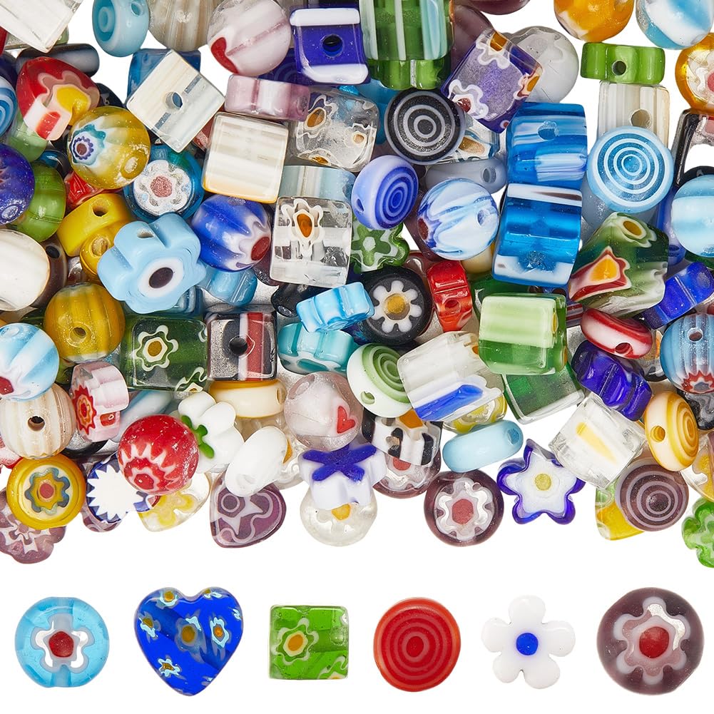 PONABEADIY 1 Box 6 Styles 180PCS Lampwork Beads Glass with Hole Handmade Millefiori Flower Heart Flat Round Cube Colorful Charms Loose Bead for Jewellery Making DIY Bracelets Necklaces Craft Supply
