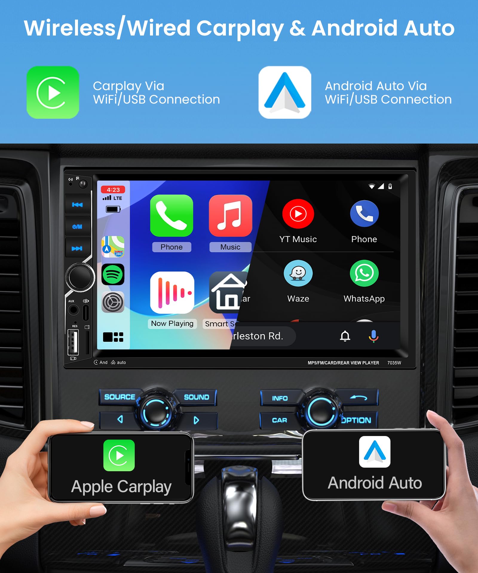 Rimoody Radio de Coche 2 DIN con Wireless Carplay,7 Pulgadas 2 DIN Stereo Auto Bluetooth con Pantalla HD con Android Auto Mirror Link GPS Navi FM/AUX/USB/EQ/DVR Control del Volante Cámara Trasera