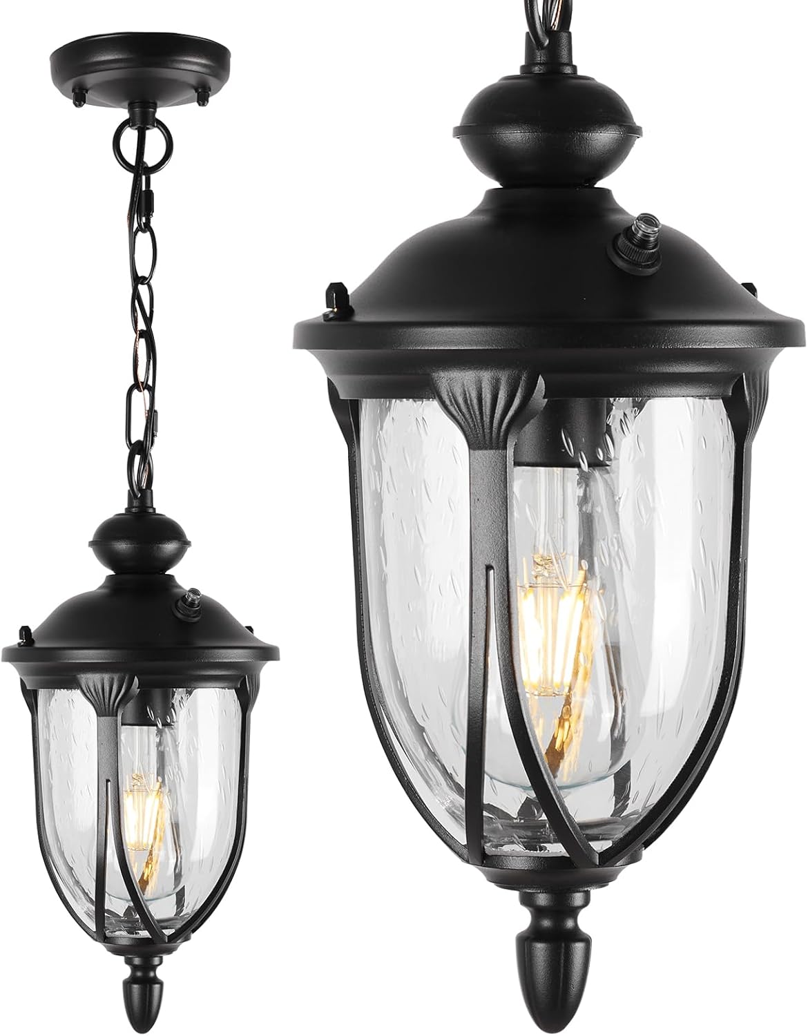 JYZ Vintage Dusk to Dawn Outdoor Hanging Lantern, 17 Inch Rustic Exterior Pendant Light Fixture with Seeded Glass, Antique Black Ceiling Mount Chandelier for Porch, Patio, Gazebo, Entryway JYOPL04-L 04-Large