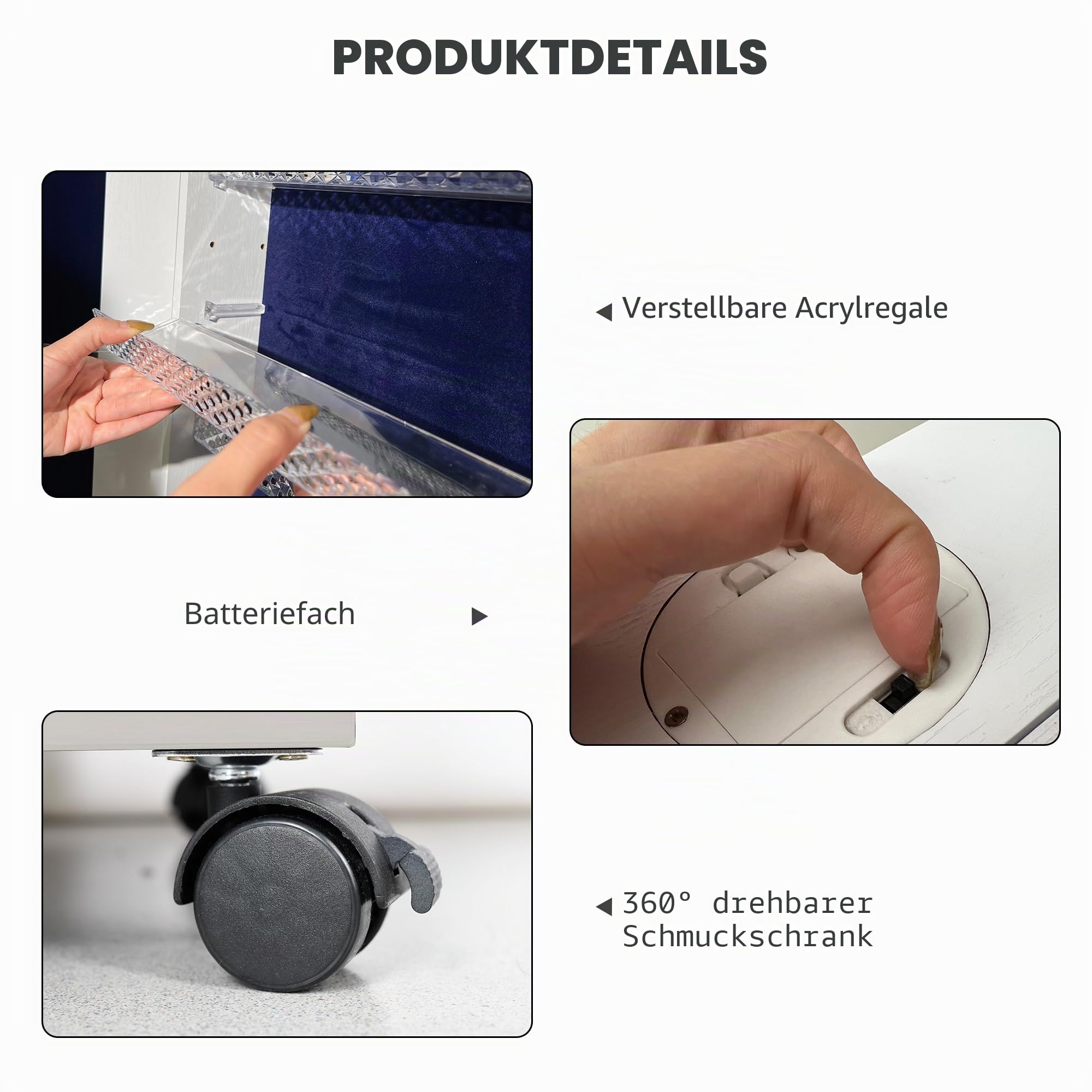 Lvifur 6LEDS Schmuckschrank mit Ganzkörperspiege,360°drehbar Spiegelschrank mit 4 Räder,abschließbar Standspiegel Schmuckorganizer mit großer Stauraum Geeignet für Schlafzimmer Wohnzimmer