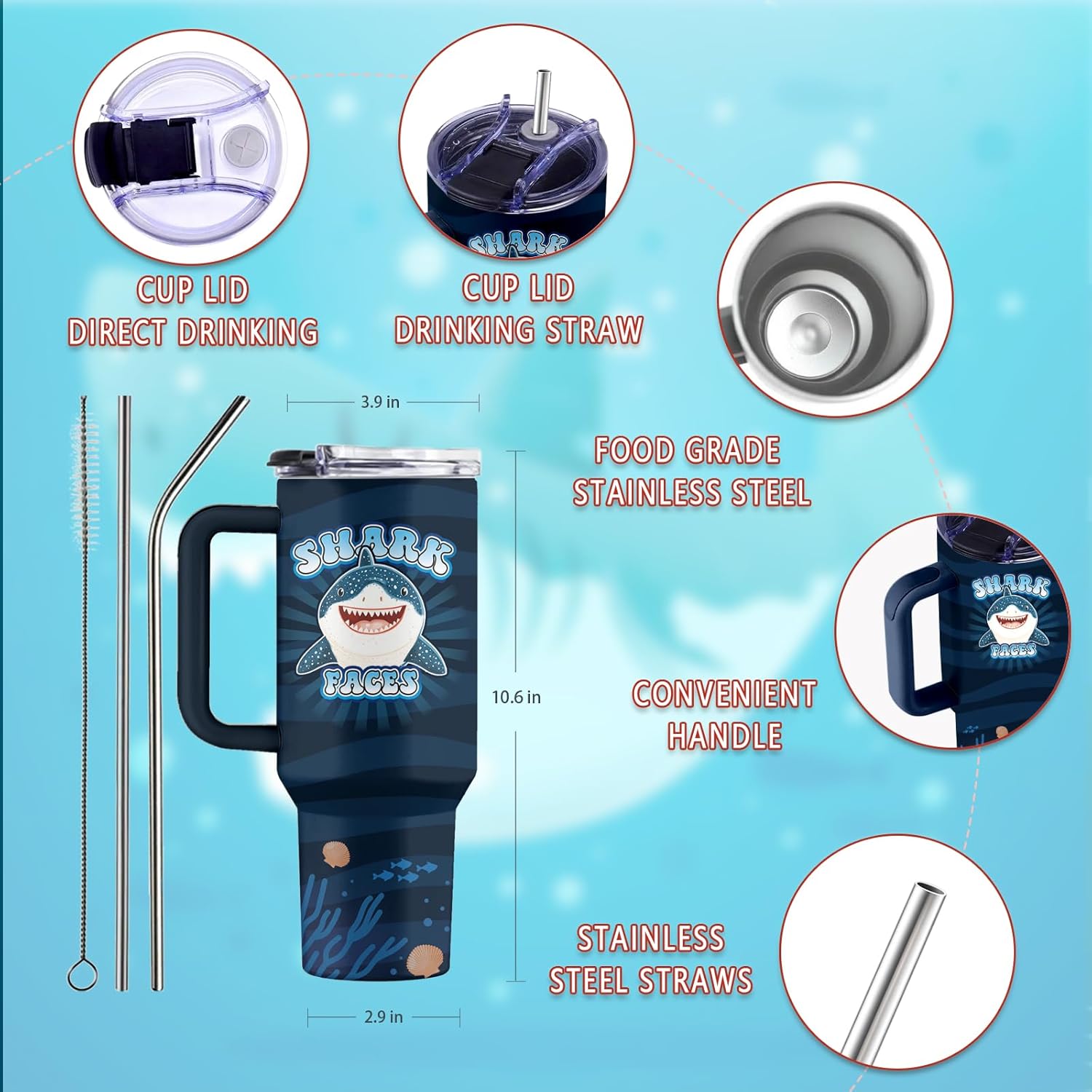 Whale Shark Gifts, Sharks Faces Tumbler with Handle & Straw & Lid, 40 Oz Stainless Steel Shark Cup, Sharks Animal Lovers Gift for Thanksgiving Christmas Birthday, 1 PCS - Image 3