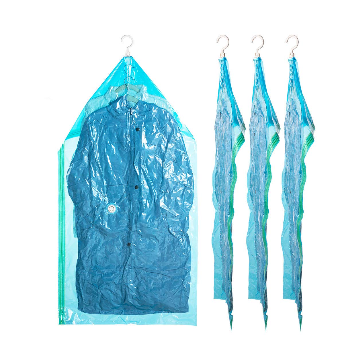 Bolsas de almacenamiento al vacío para ropa 4 piezas (135 x 70 cm) ahorro de espacio bolsas de polvo con gancho para abrigos, chaquetas, vestidos, chaqueta de abajo, traje de negocios, sin plegado
