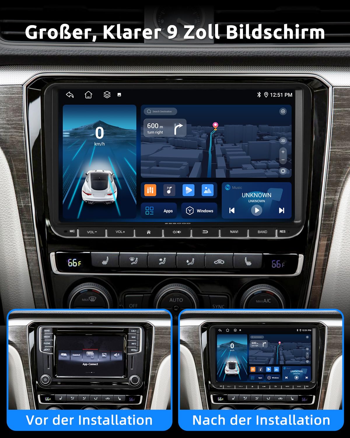 Essgoo 4+64G Autoradio 9 Zoll Android 14 Radio mit Carplay und Wireless Auto für VW Golf 5 6 Touran B6 EOS Tiguan Polo mit Bluetooth GPS RDS Navi Mirror Link FM SWC