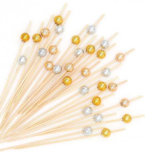 100 palillos de cóctel, palillos de dientes elegantes para aperitivos, palillos de madera de perlas tricolores para suministros de fiesta, 4.7
