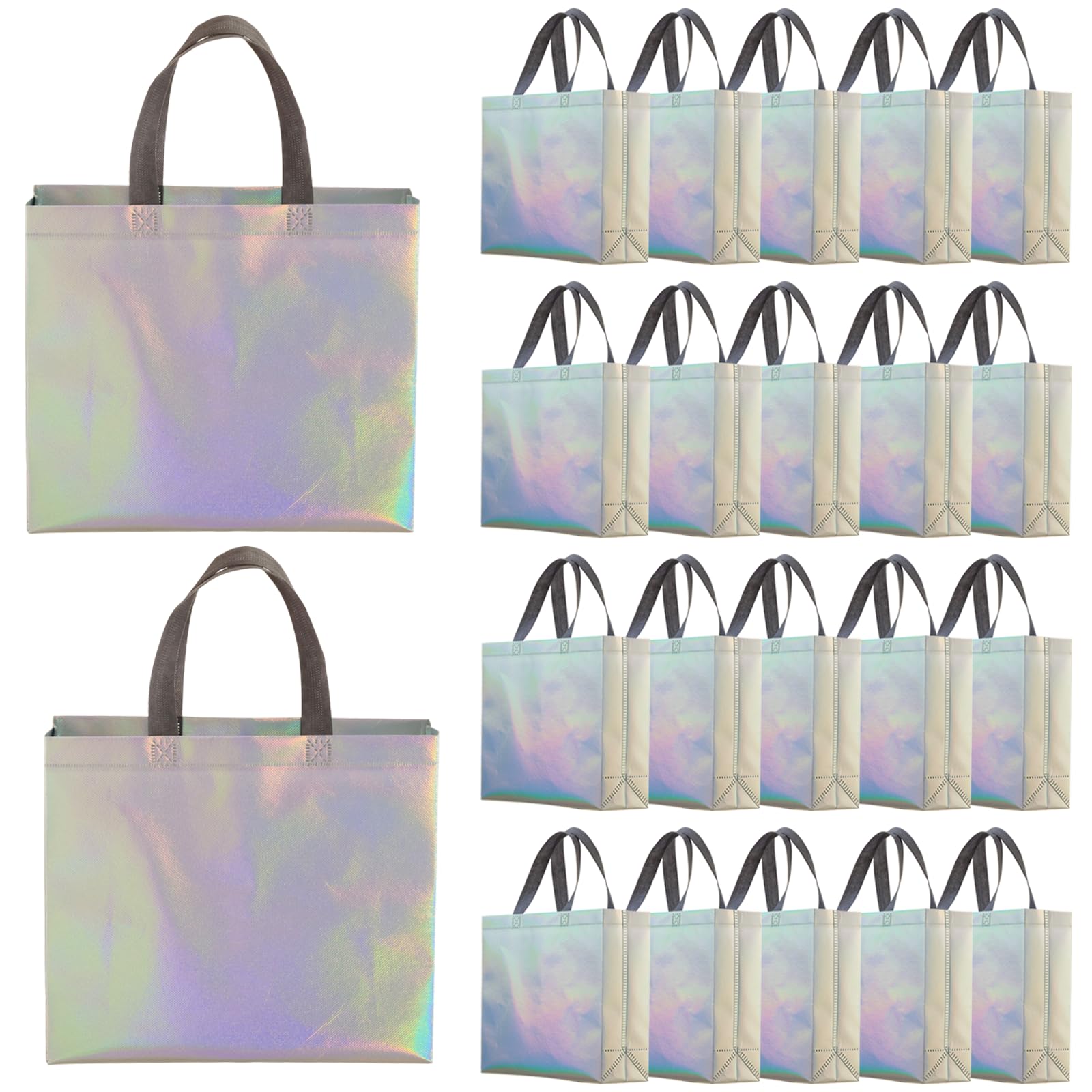 GcFoir 20-pack Iridescent Reusable Gift Bags with Handles 12.7 x 10.7 x 4 in Non Woven Shopping Grocery Bags Holographic Goodie Tote Bag for Party,