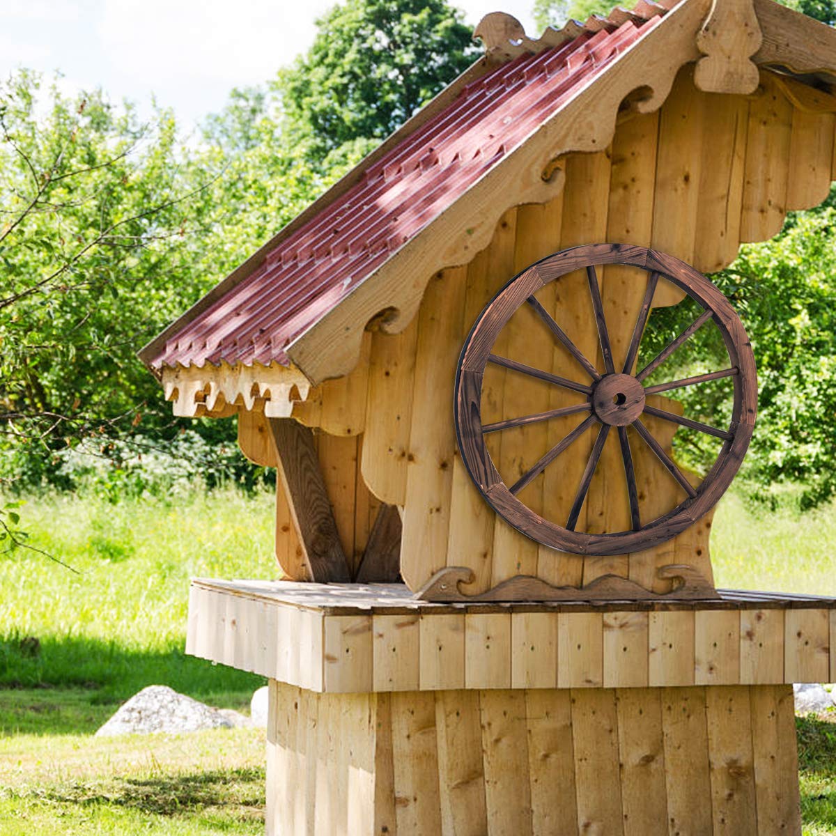 COSTWAY Rueda de Carro de Madera con Diámetro de 76 Centímetros para Hogar Jardín Decoración Marrón