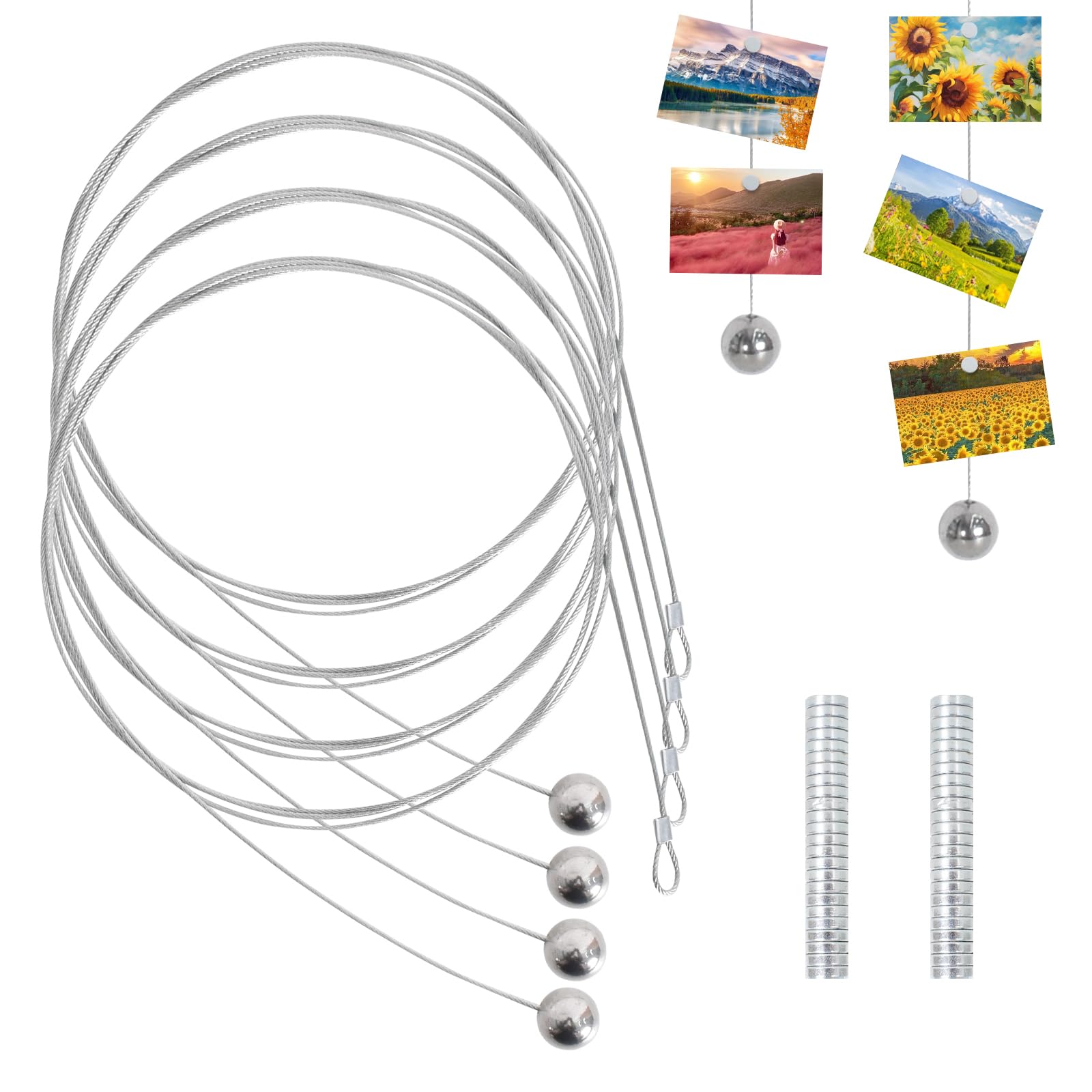 JaneYi 2 pezzi Set Filo per Appendere Foto Corda Metallo per Attaccare Foto 2mx1,5mm Cavo Portafoto con 24 Magneti Piccoli e 4 Ganci Appiccicosi per Appendere a Parete Foto Cartolina Appunto