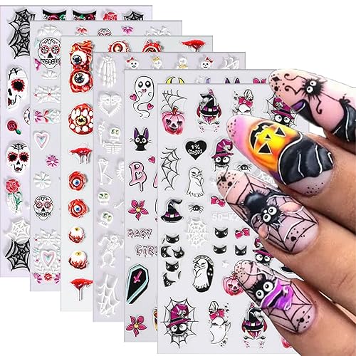Calcomanías de uñas de Halloween, 6 hojas de calcomanías autoadhesivas para uñas de Halloween, ojos sangrientos, telaraña, calabaza, calavera,