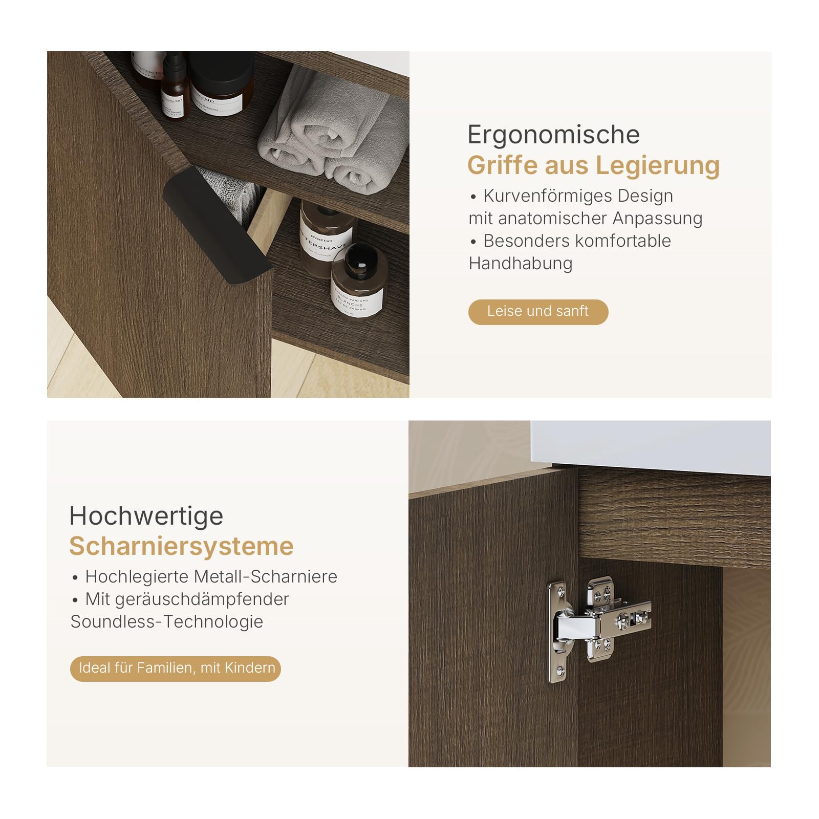 EMKE Waschtisch mit Unterschrank 41 cm, Badmöbel-Set mit Keramikwaschbecken – ideal für Gäste-WC & kleines Bad, Waschbecken mit Unterschrank, Geräucherte Eiche