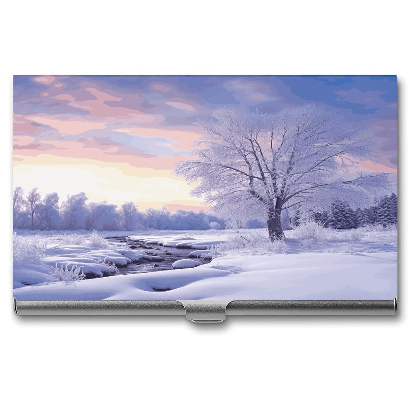 LDGSUPH Winter Landscape Business Card Holder Fashion Slim Name Card Holder Minimalist Design Case Metal Card Carrier Personalized Business Card Case with Flip for Men Women