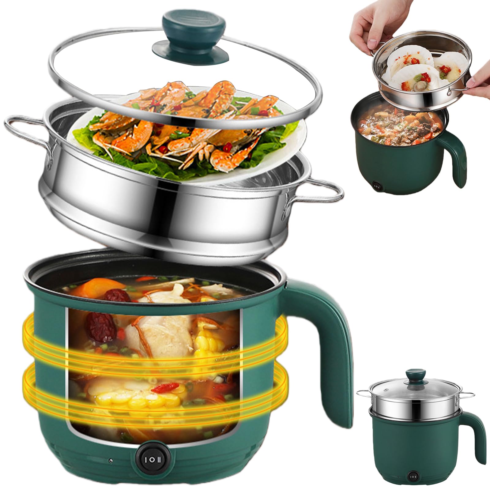 Hotpot électrique avec cuiseur à vapeur, mini multicuiseur portable anti-adhésif, pot hotpot poêle électrique multifonction, poêle à frire électrique, cuiseur de ramen rapide pour steak/nouilles/soupe