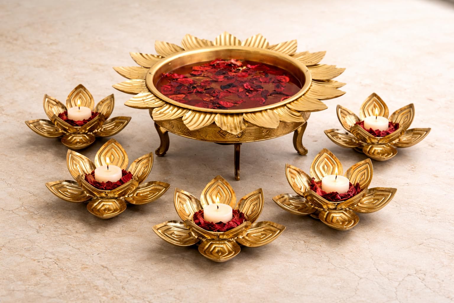 Large 12 Inch Metal Urli Bowl with Lotus Tealight Holders | Traditional Diwali & Hindu Festival Floor Decor for Home, Pooja | Floating Flower & Candle Urli for Ganesh Chaturthi, Navratri & Gifting