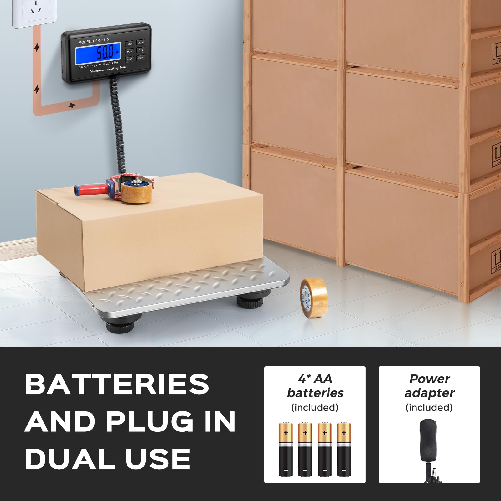 Bonvoisin Báscula para Paquetería 300kg/660lb, Pantalla LCD Externa, Plataforma Acero Inoxidable, Doble Rango Precisión 300kg/0,1kg & 150kg/0,05kg, Conmutable kg/oz/lb/lb:oz, Función Conteo