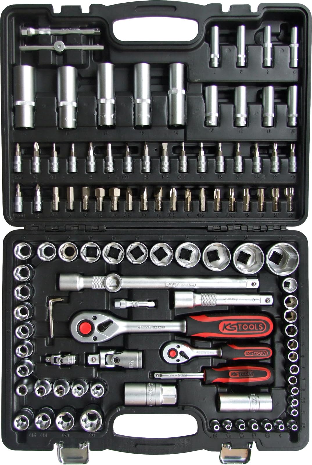 KS Tools 911.0708 1/4 Zoll + 1/2 Zoll Steckschlüssel-Satz | inklusive 2 Umschaltknarren, 45-Zahn | matt satiniert | 108-tlg. | 911.0708, Steckschlüsselsatz