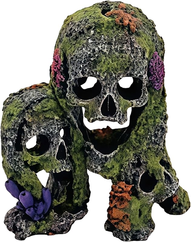 Betta Fish Tank Decorations Hideout - Triple Skull Hiding Cave for Aquarium, Resin Ornament with Artificial Moss Texture and Multiple Entrances for Shrimp, Small Fish - 7.3x4.9x6.1inch