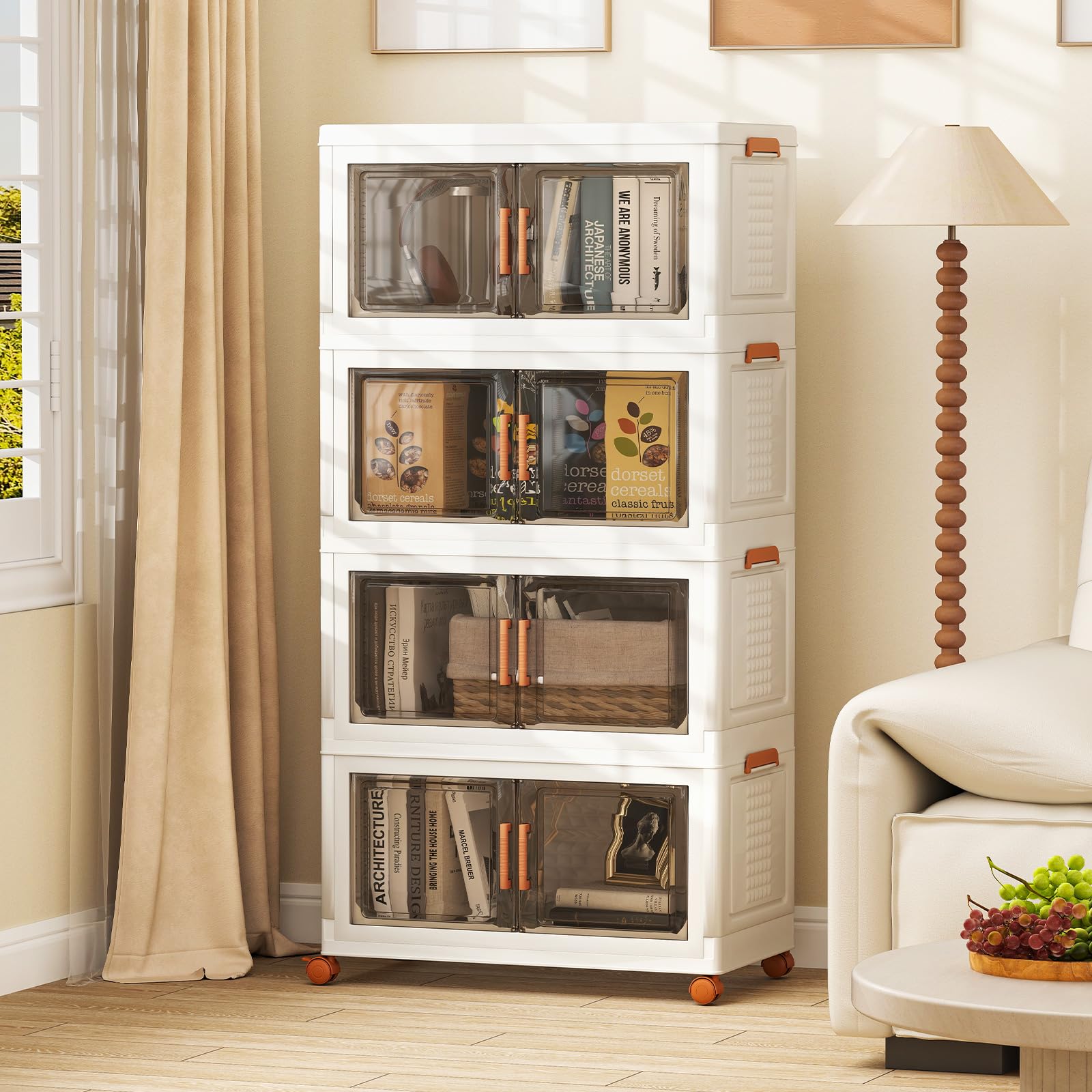 COSTWAY Contenitori Pieghevoli con Coperchio, Set da 4/3 Scatole di Plastica Impilabili con Ruote, per Organizzatore di Armadio con Porte a Apertura Frontale, Multiuso (68,5 x 37,5 x 140 cm)