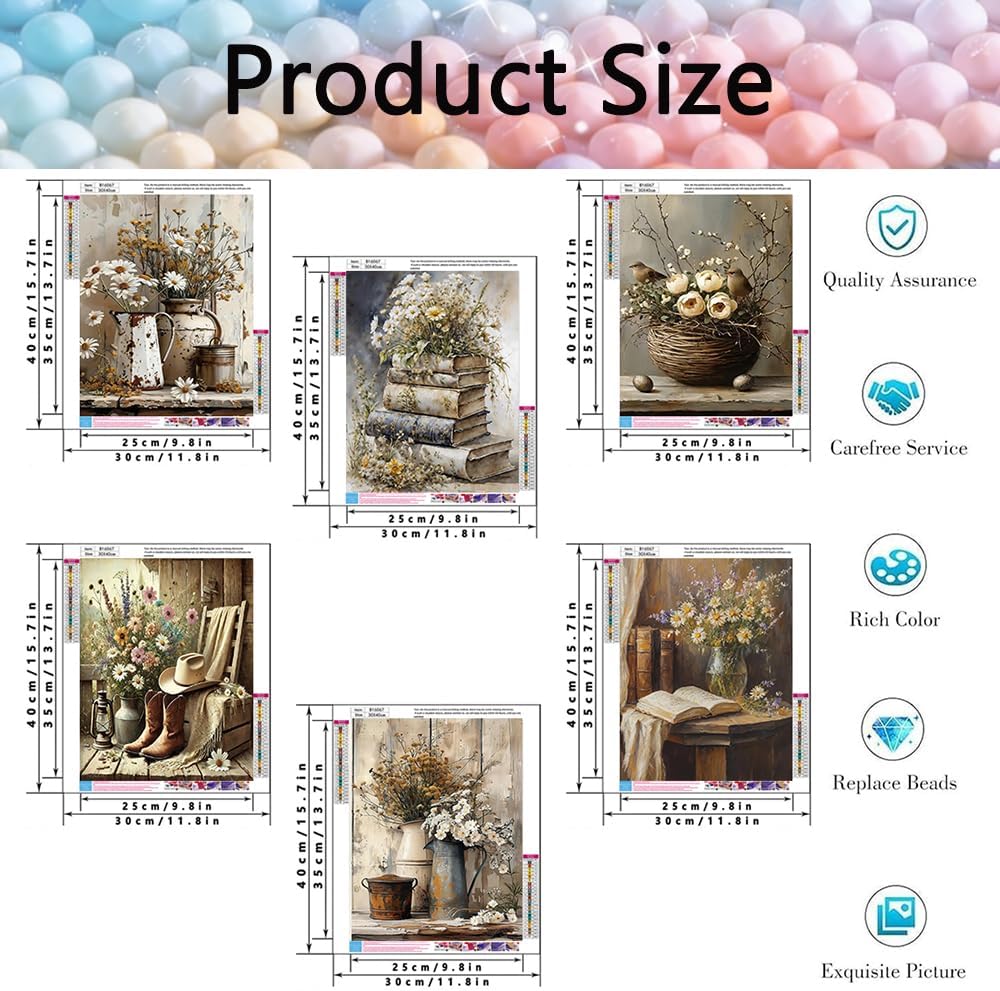 6 Pack Diamond Art Kits for Adults,5D Vintage Flower Diamond Painting Kit for Adults Beginners,DIY Diamond Dots Gem Painting for Adults Wall Art Decor 11.8x15.7inch