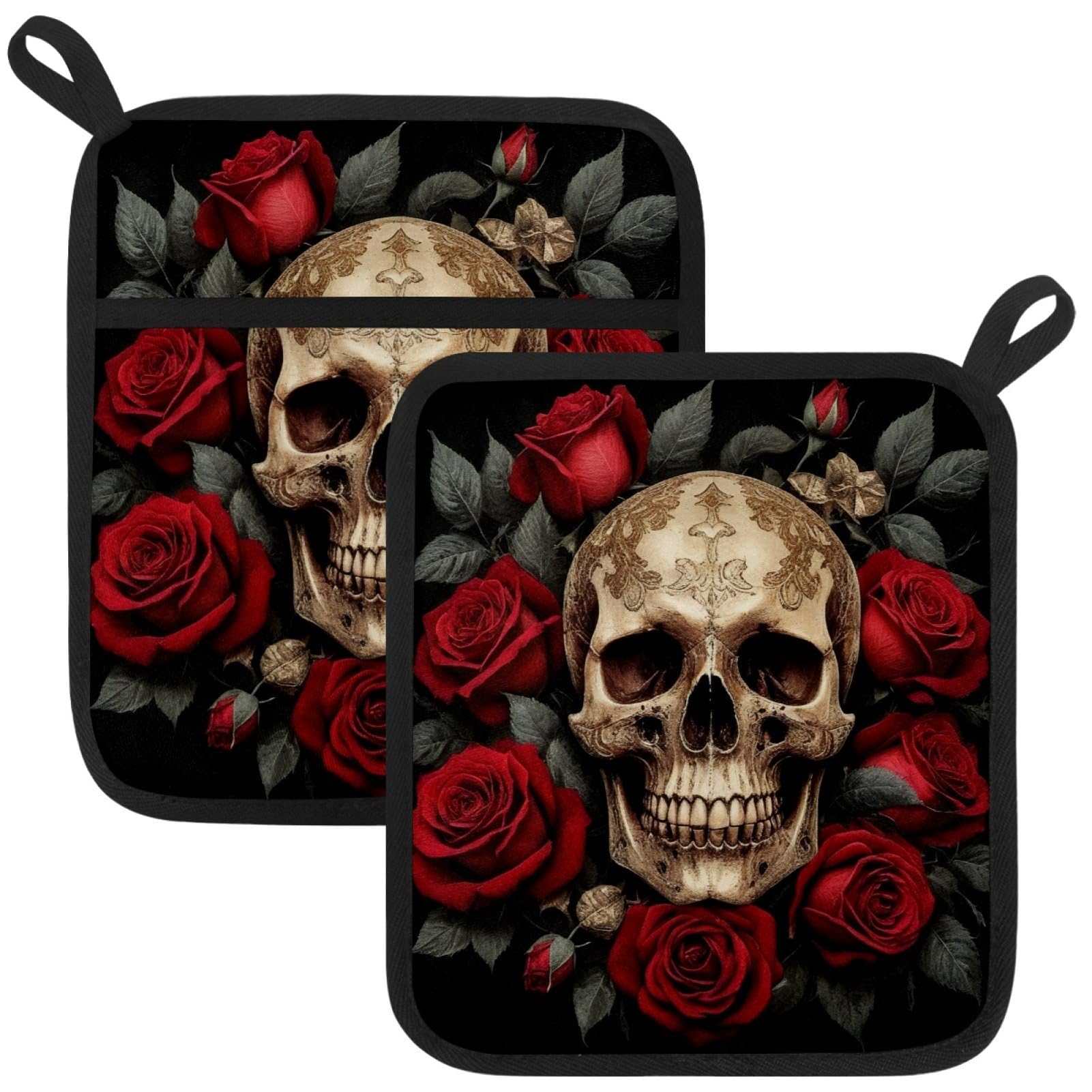 VAPOKF Skeleton Rose Pot Holders with Pocket for Kitchen Heat Resistant Potholders Large Polyester-Cotton Square Oven Mitts Set