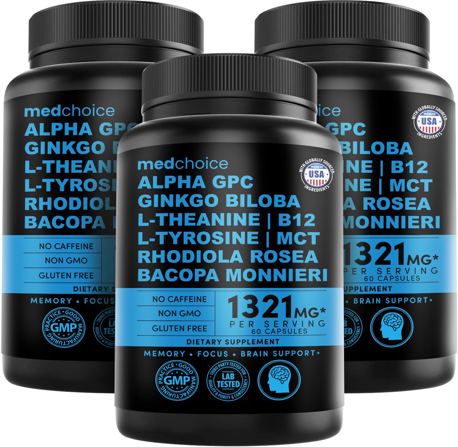 12-in-1 Nootropic Brain Supplement Anhydrous: Ginkgo Biloba for Brain Support, Memory and Focus - B12, Alpha GPC, L Theanine and Choline Supplements with Bioperine non Caffeinated 1321mg (180ct)