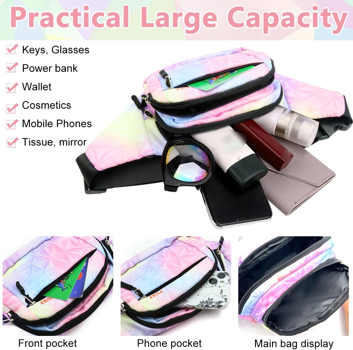 PALAY® Waist Bag for Women Stylish Color Print Fanny Pack for Women Oxford Cloth Waist Bag Multi Layer Lightweight Travel Waist Bag Running Waist Bag Bumbag, Pink, Others