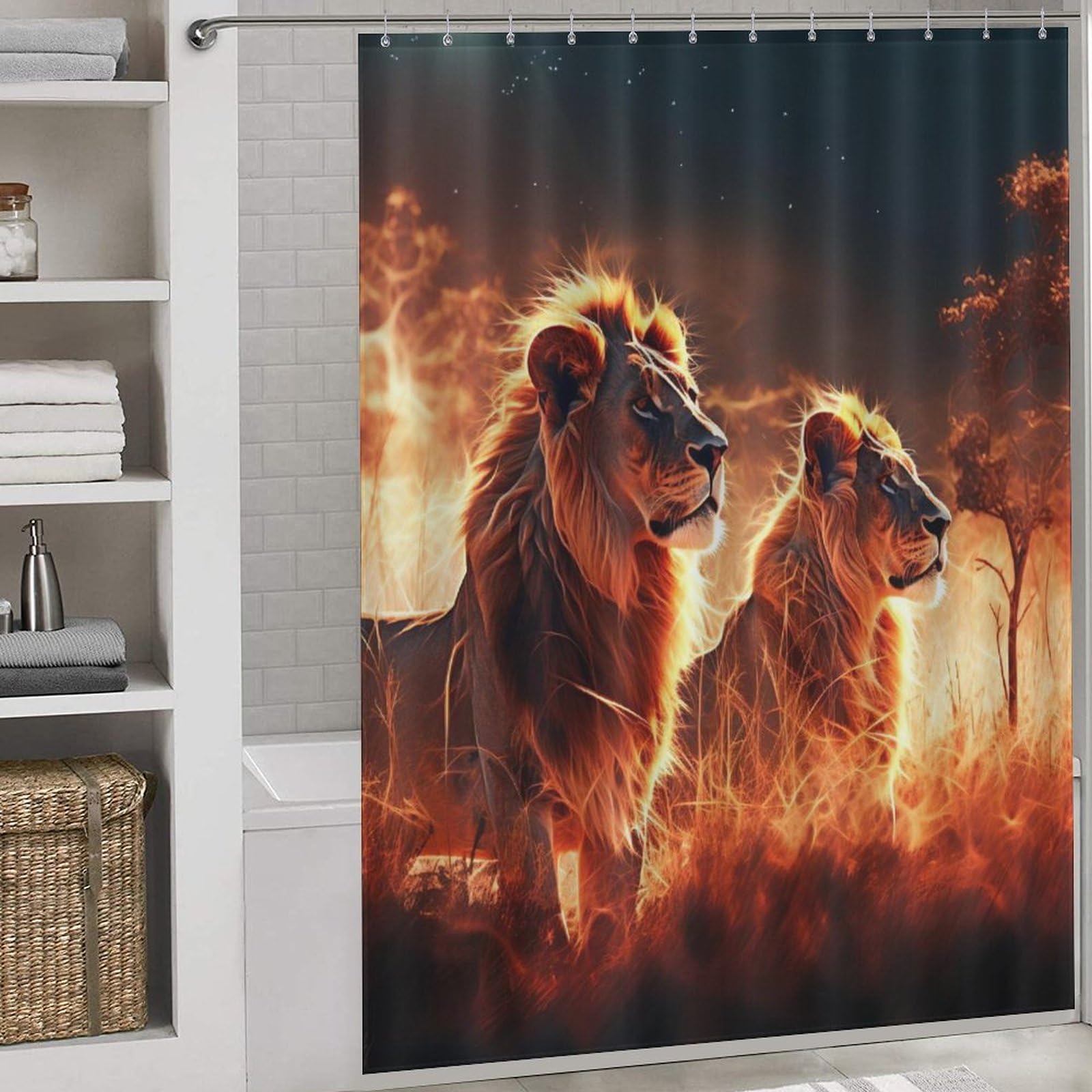 Rideau de douche lion pour transformer votre baignoire d'angle en oasis sauvage