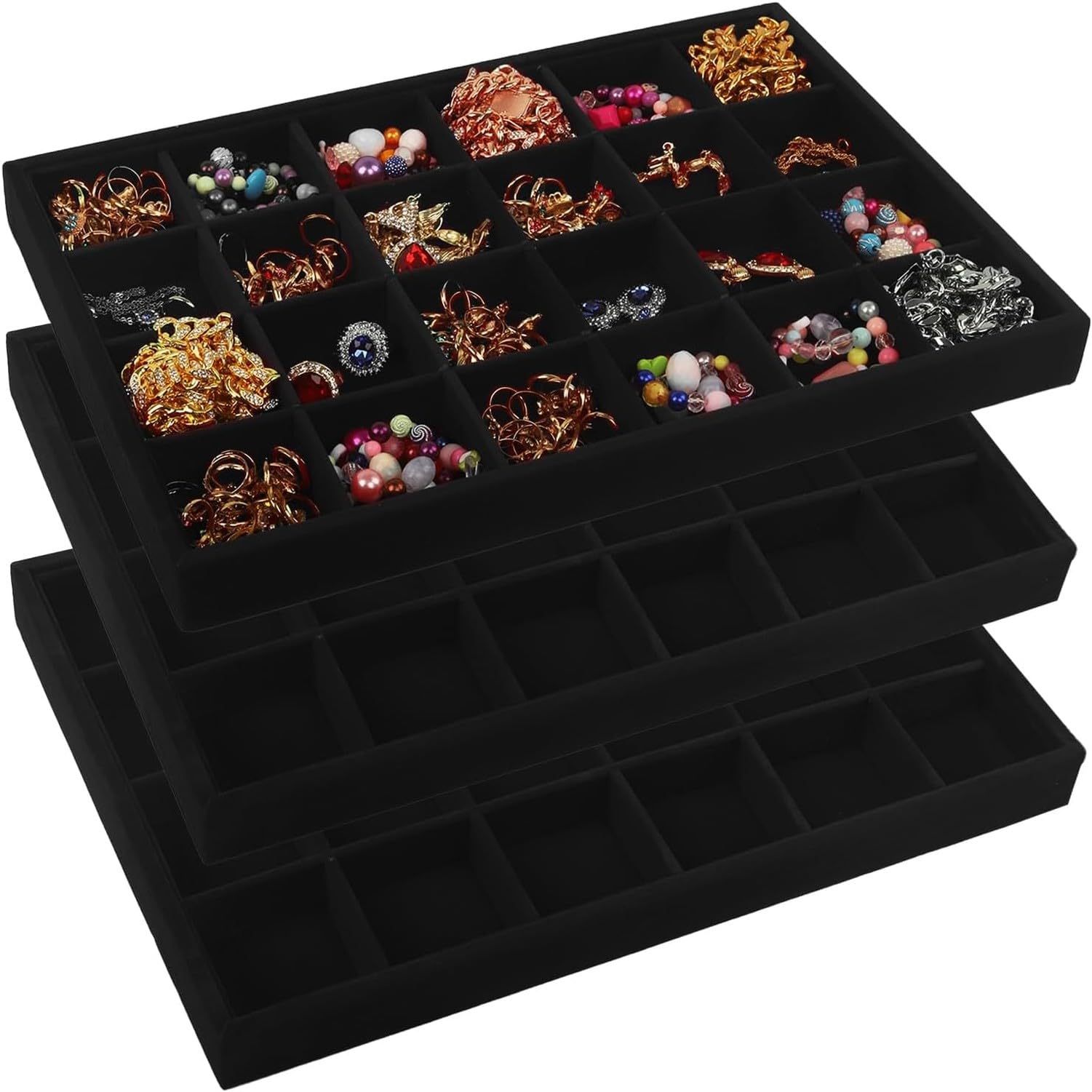 KGAIXN Organiser Box for Rings And Earrings, Folding 24 Grids Remove Lid Drawer Dust Protection Jewelry Case With 3 Stackable Travelling Trays and Soft Velvet Surface, Black