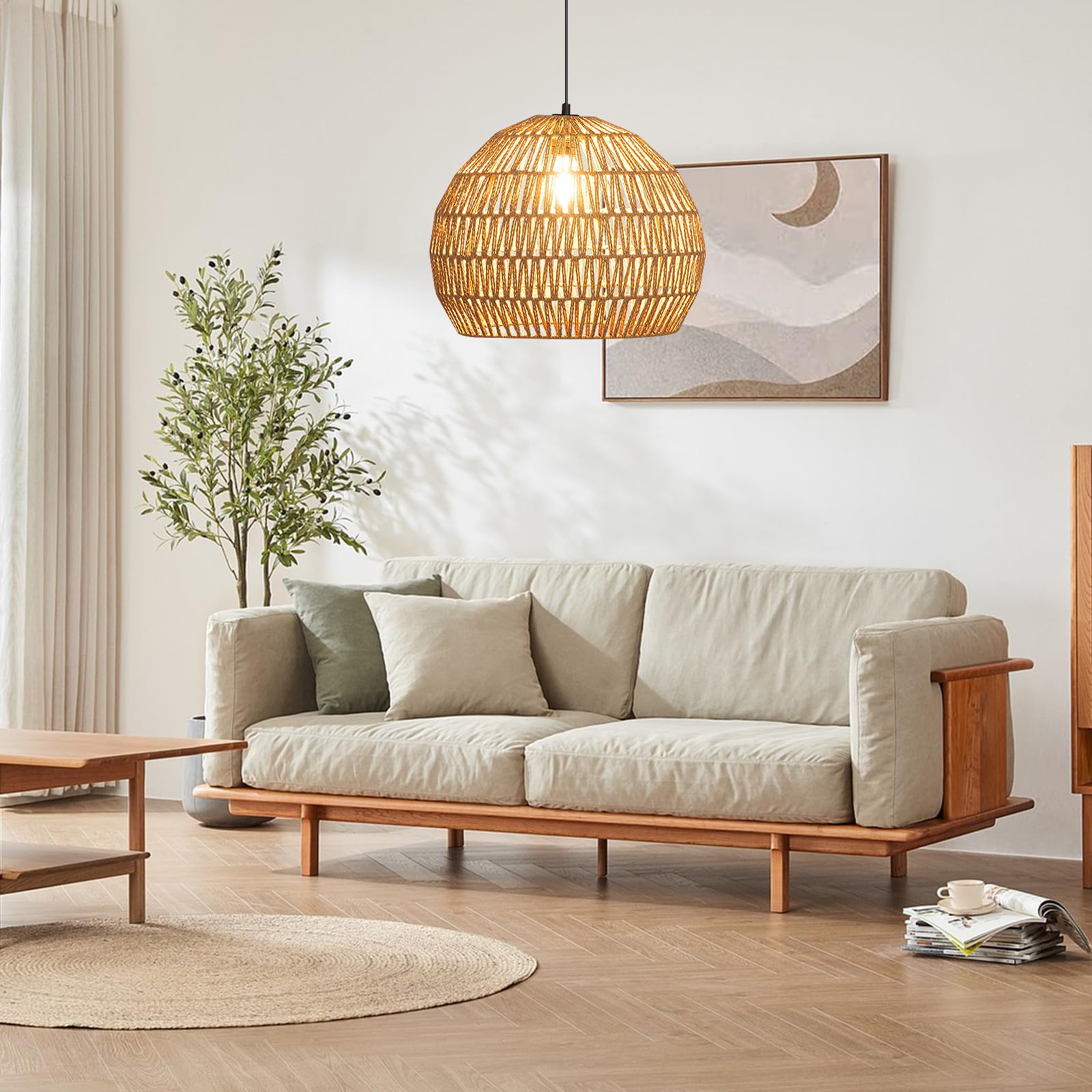 COSTWAY geflochtene Pendelleuchte, Boho Deckenleuchte mit verstellbarer Aufhänghöhe, Bauernhaus Hängelampe mit E27-Basis (Lichtquelle nicht enthalten) für Küche, Schlafzimmer, 43 x 34 cm (kaffee)