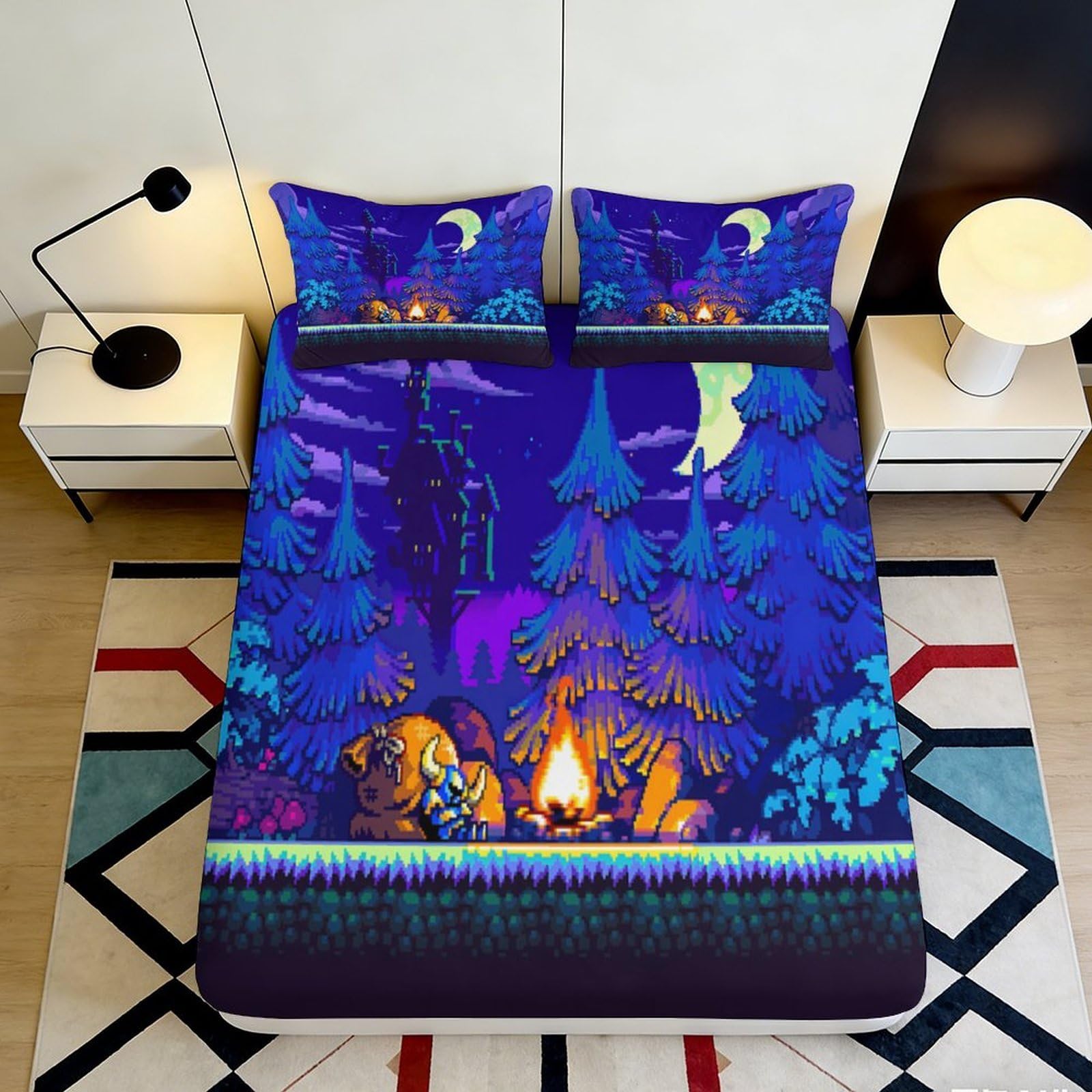 3D Printed Pixel Forest Night Fitted Sheet Microfiber Soft Campfire Castle Mattress Cover for Bedroom Decor 90x200x25cm