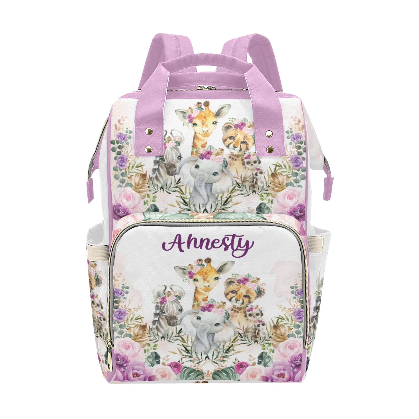 Purple Flower Safari Animals Personalized Diaper Backpack with Name,Custom Travel DayPack for Nappy Mommy Nursing Baby Bag One Size