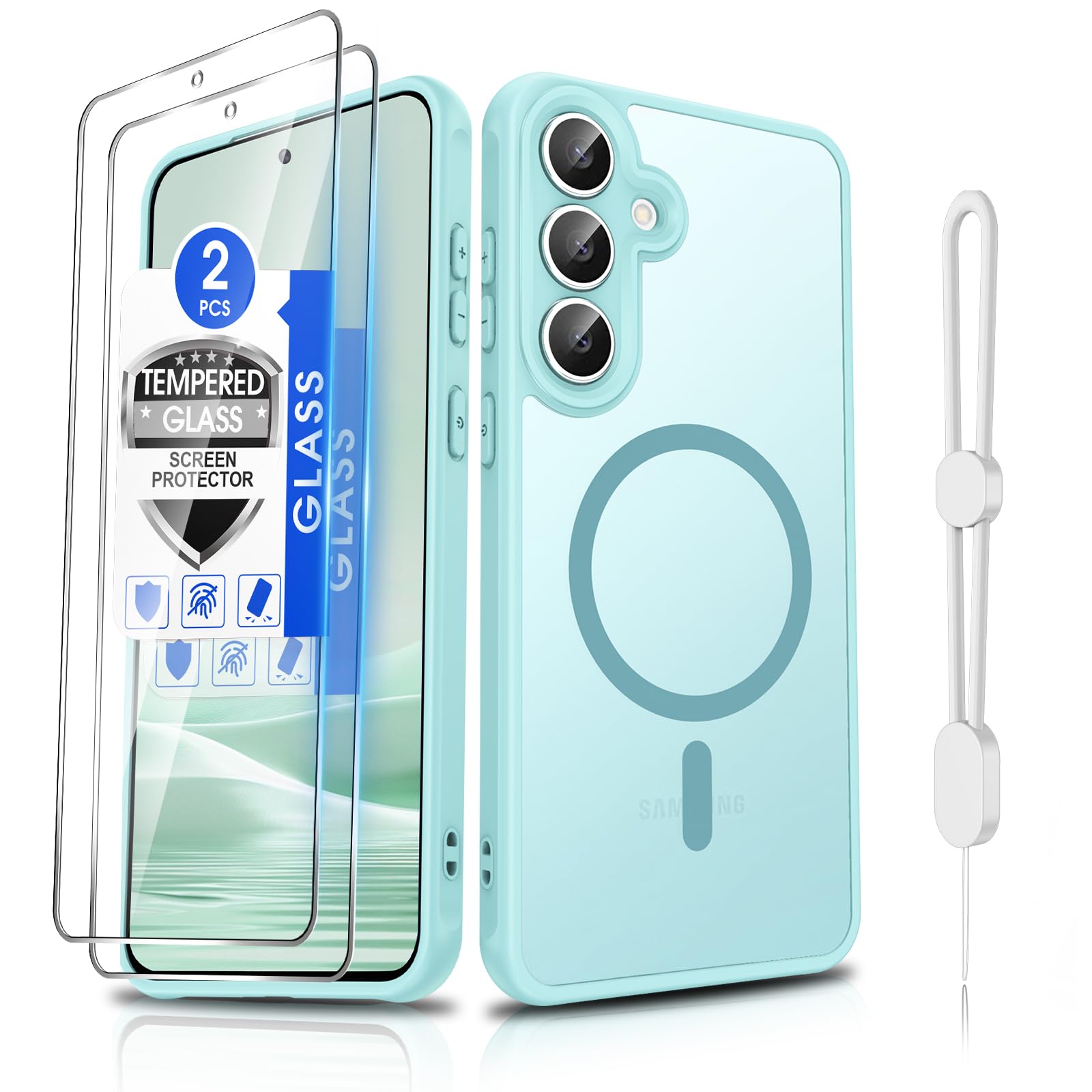 Dizn Magnetic for Samsung Galaxy S25 FE Phone Case,with 2Tempered Glass Screen Protector,Compatible with MagSafe,with Strap,Matte Translucent &amp; Military Grade Shockproof Protective S25FE,Mint