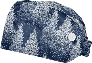 Adjustable Working Cap with Button, Cotton Working Hat Sweatband, Elastic Bandage Tie Back Hats for Women & Men, Winter Fir Trees and Pines in Snow Forest Pattern,2 Pcs
